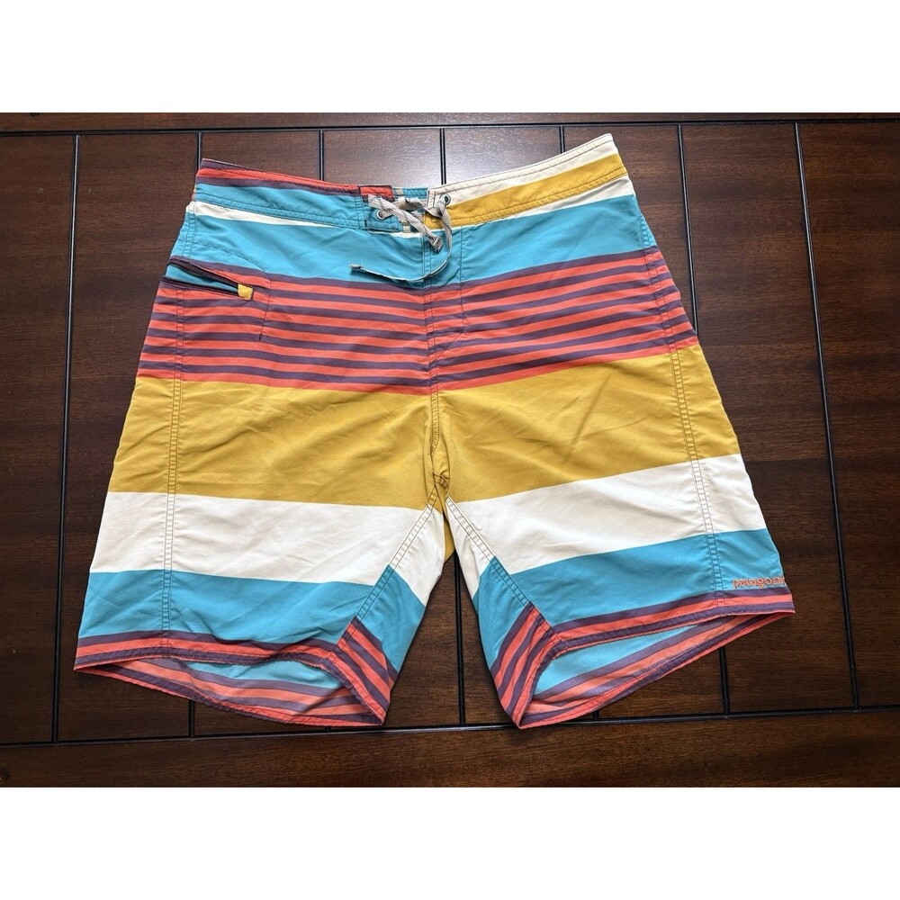 🔥RARE Patagonia Men's Striped Board Shorts Surf Swim Sport 34 Drawstring Pocket